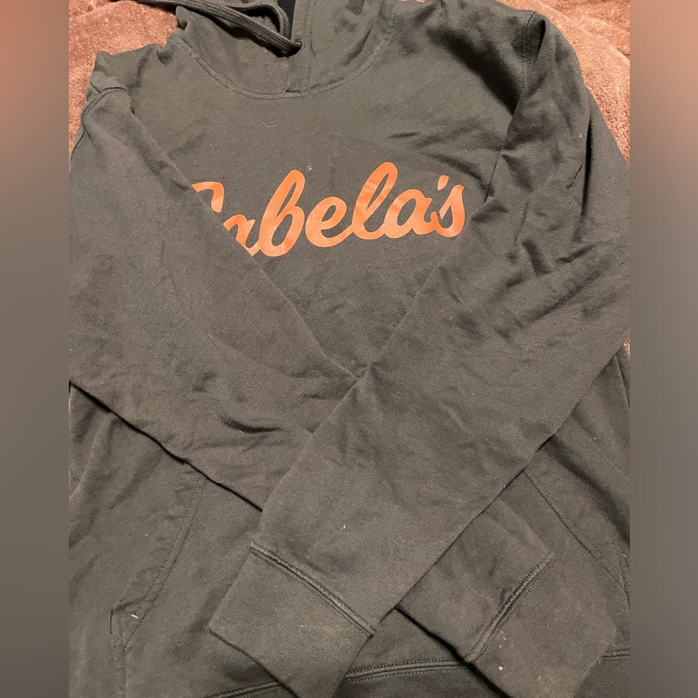 Cabela's Sweatshirt Hoodie Mens Small S Long Sleeve Graphic Pocket Gray Orange